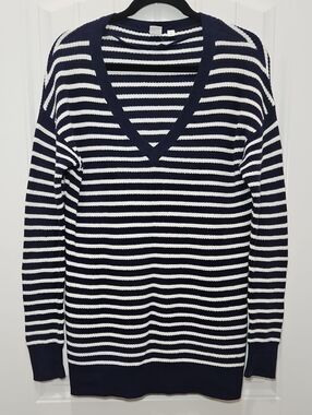 GAP Navy & White Striped V-Neck Sweater Longer Length Small Women's